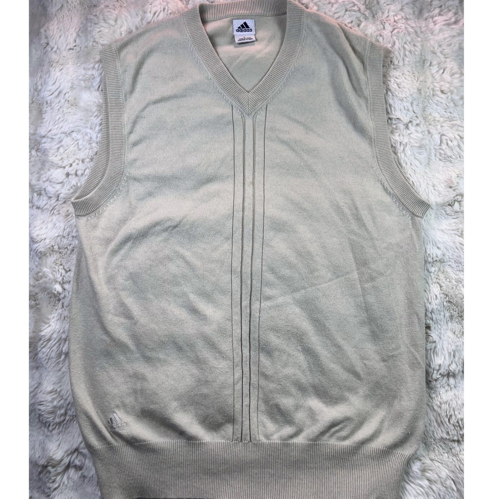 Adidas Golf Sweater Vest Mens Large Tan Beige V-Neck Knit Pullover Sleeveles A35